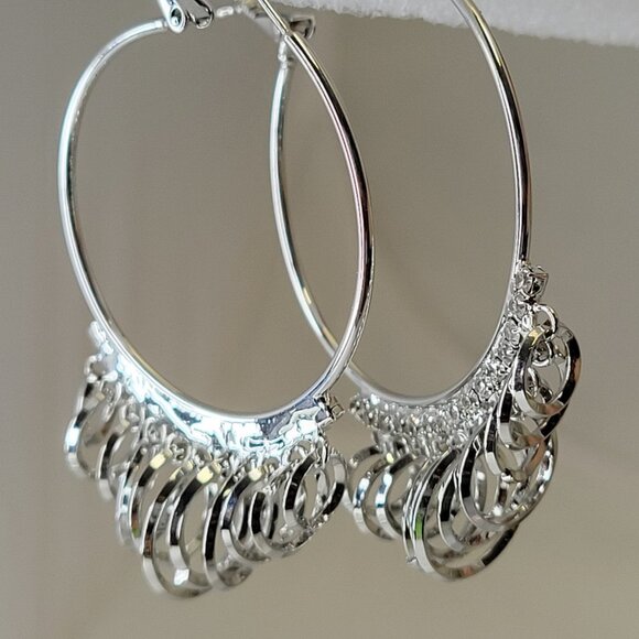 Silver Tone Hoops With Rings - Picture 2 of 14